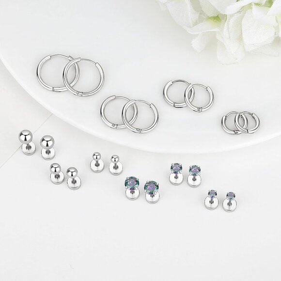 10 Pairs Hypoallergenic Surgical Steel Earring Set with CZ Studs and Hoops for S - Picture 4 of 7